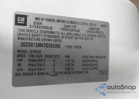 2007 Chevrolet Silverado 1500 Lt2 из США, поврежденный, VIN 3GCEK13M47G555088